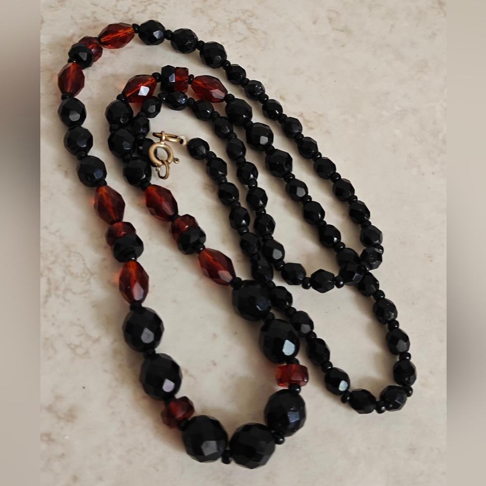 Vintage Art Deco Jet Black and Amber Tone Faceted Glass Long Necklace